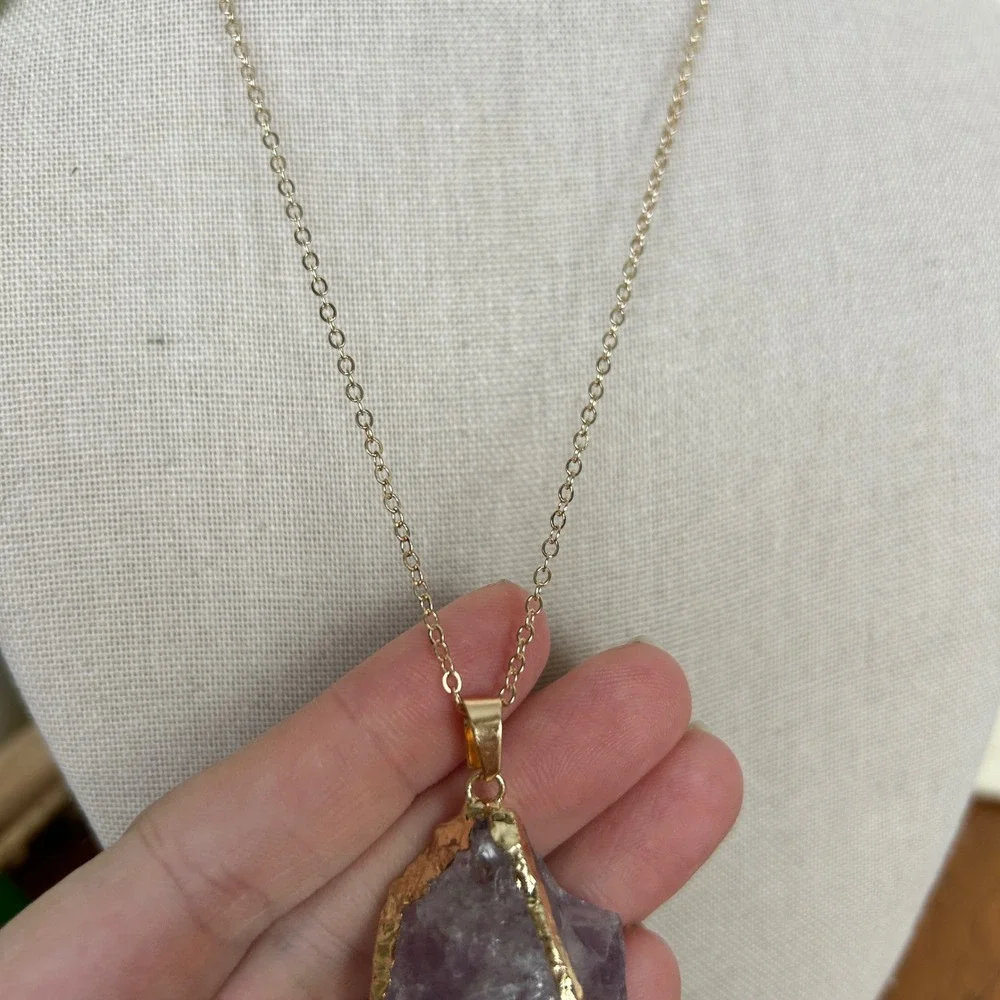 Handcrafted Natural Amethyst Crystal‎ Gold Plated Raw Gemstone Pendant Necklace